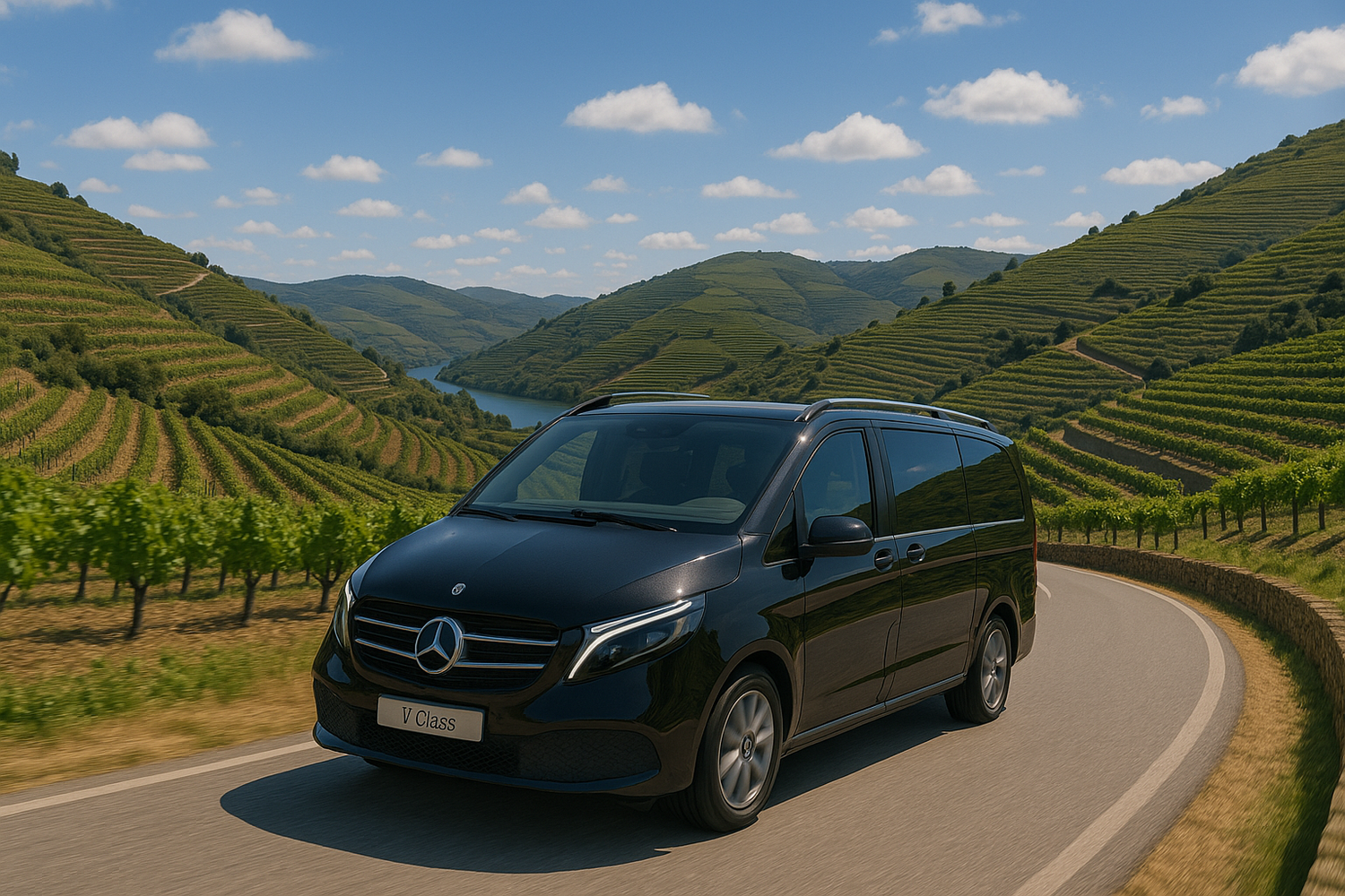 Luxury private Mercedes V Class transfer through the Douro Valley vineyards in Northern Portugal