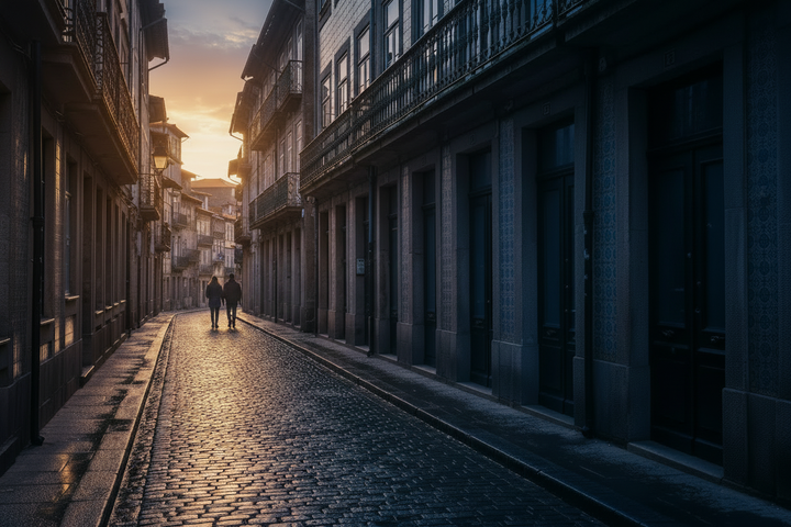 Quiet cobbled street in Porto at sunset with a couple in the distance
