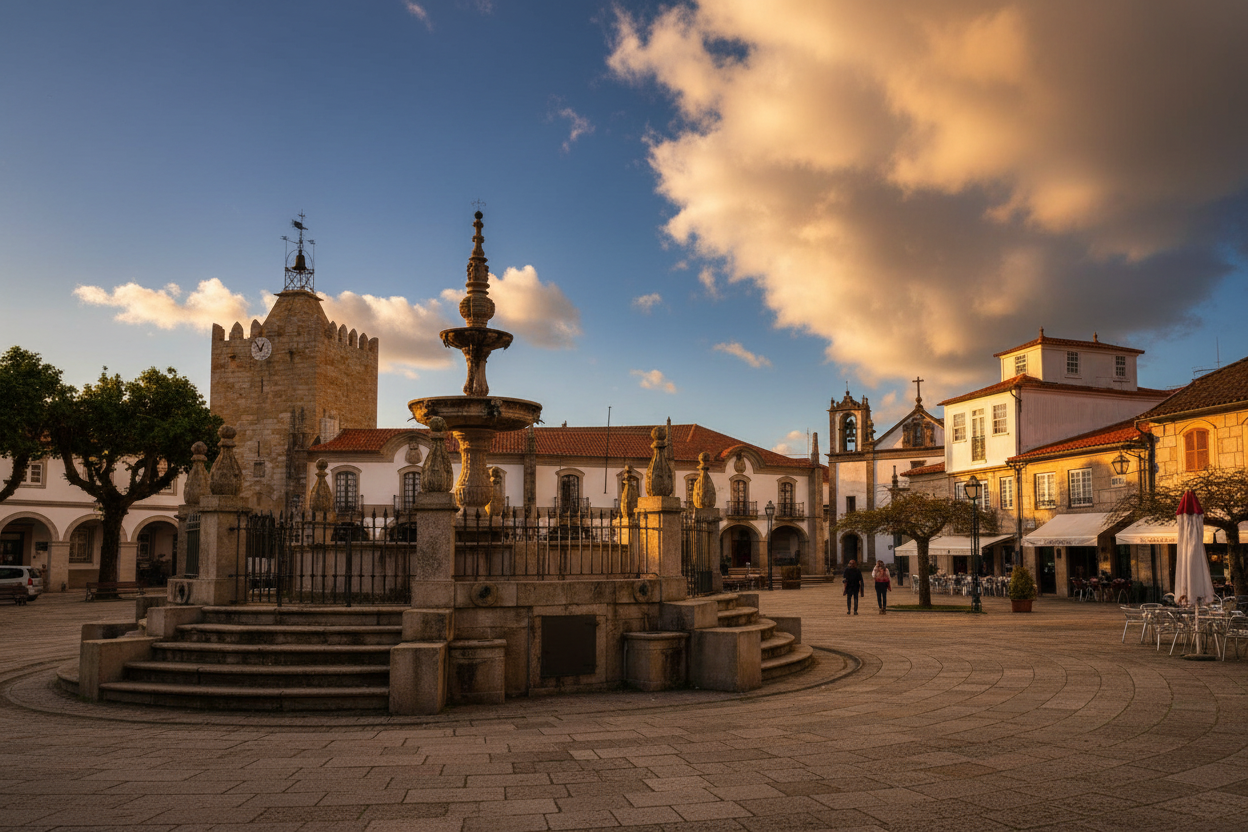 Historic centre of Caminha with fountain and Clock Tower, Northern Portugal